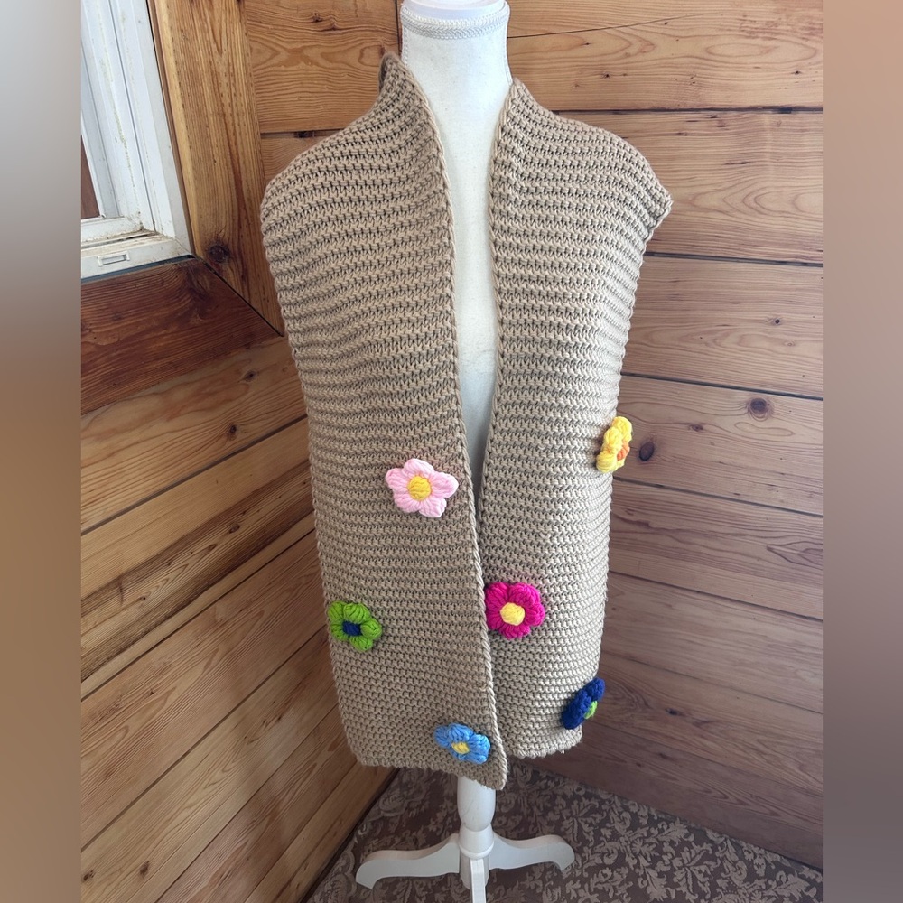 Handmade Beige Knit Scarf with‎ Colorful Flowers Cotton Granny Artsy Art 2 Wear